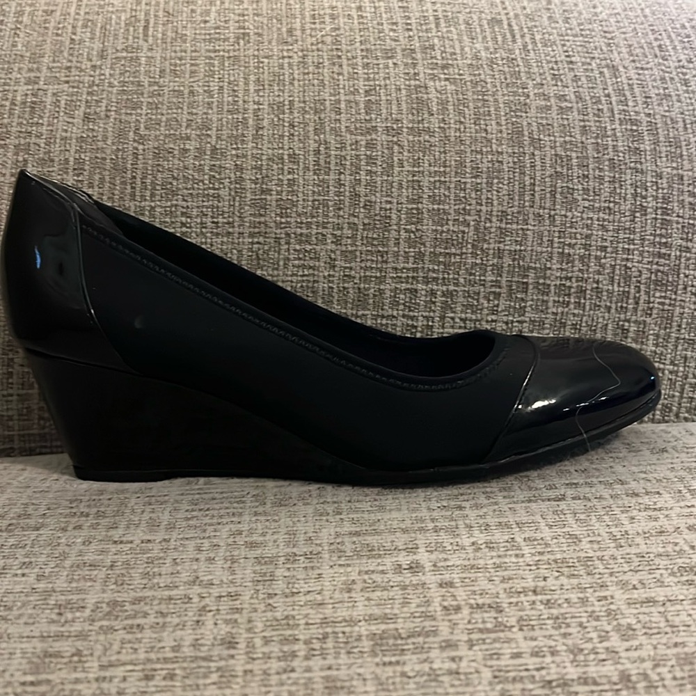 Black Patten Leather and Cloth Wedge